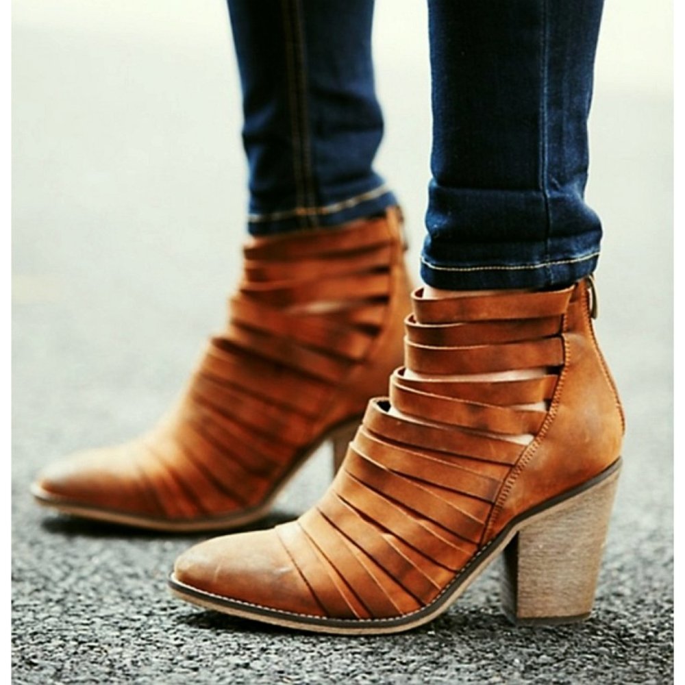 NEW Free People Hybrid Heel Boots Terracotta Tan Destroyed Leather Ankle Booties